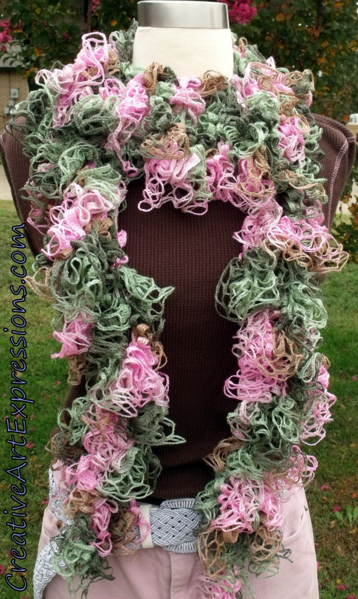 Creative Art Expressions Hand Crocheted Pink Green & Brown Grand Picots Scarf